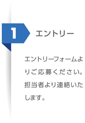 1 エントリー：エントリーフォームよりご応募ください。担当者より連絡いたします。